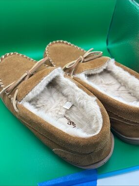 MyPillow Men's Tan Suede Faux-Fur Lined Slip-On Moccasins size 9